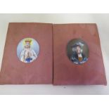 Two hand painted portrait porcelain oval plaques on a material base - 18cm x 8cm