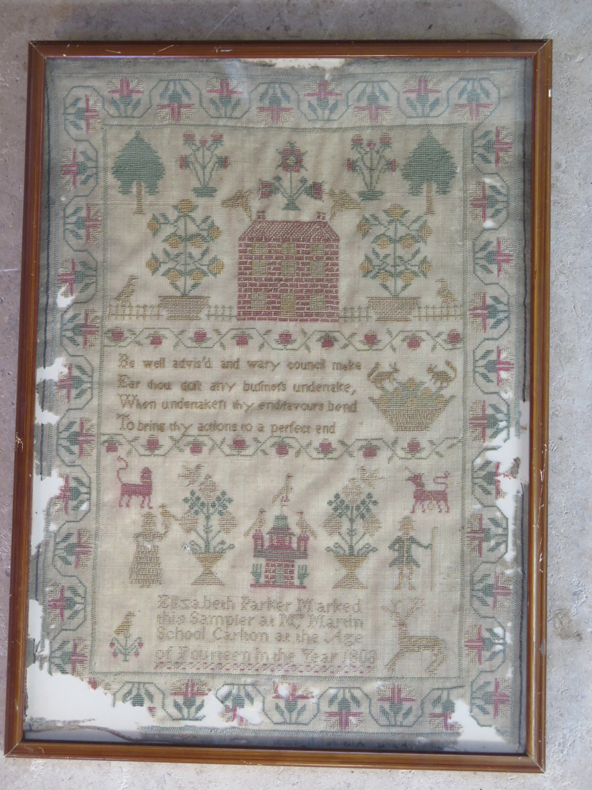 A woolwork pictorial and prose sampler, Elisabeth Parker, Mrs Martin School - age 14 1808 - 43cm x