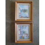 A pair of oil on canvas paintings of Paris in gilt frames, frame size 34cm x 39cm