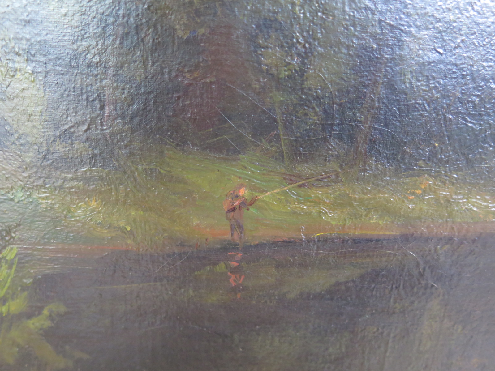 A signed oil on canvas on an angler fishing the River Tweed by H L Robinson in a gilt frame - - Image 3 of 5