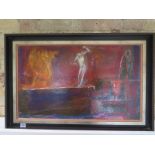 A framed oil on board abstract musicians bares label on reverse - On the edge - Robert Kenny Jones -