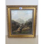 A 19th Century Continental School oil on canvas of figures in a mountain landscape, indistinctly