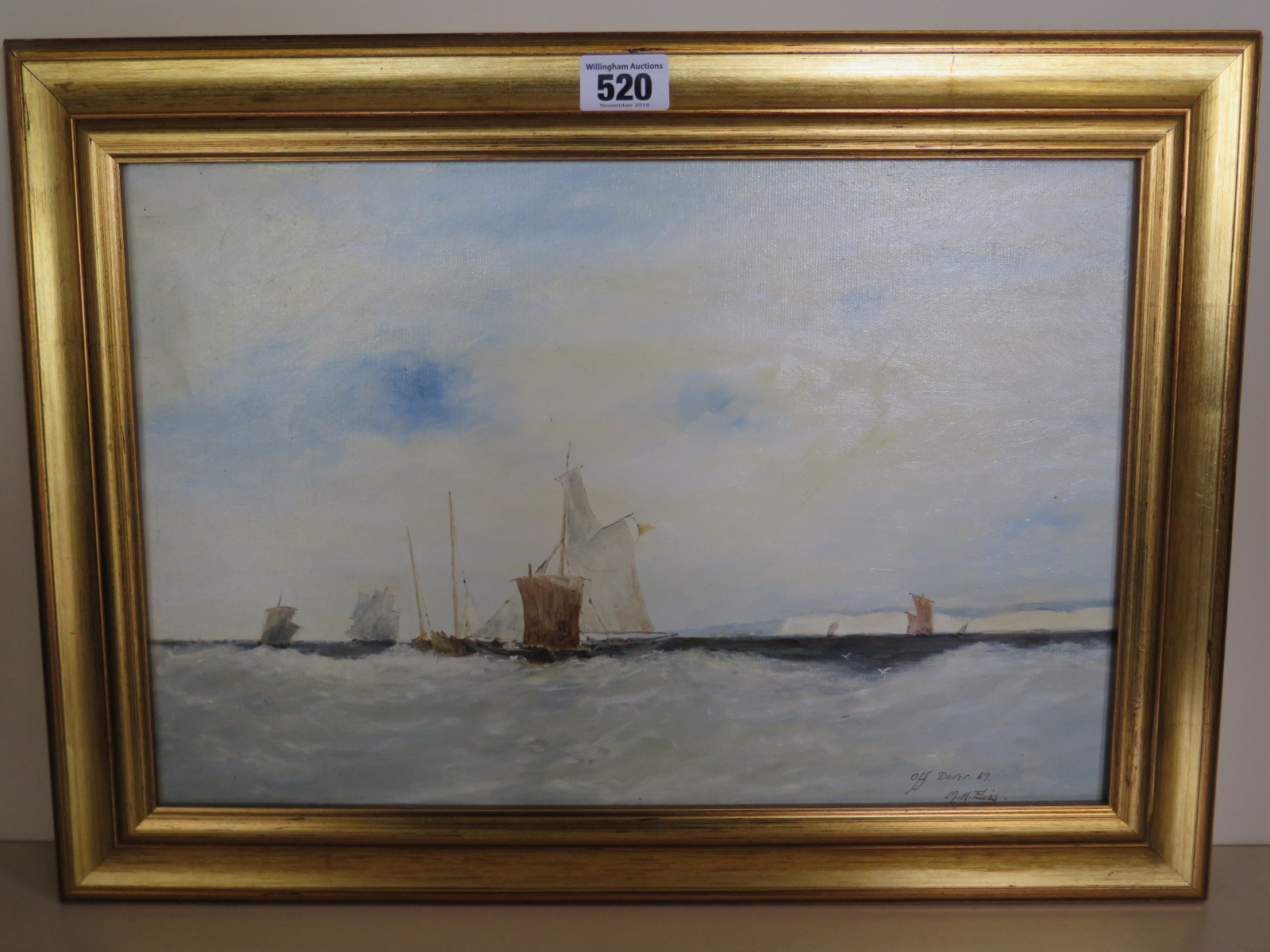 An oil on board of ships at sea after R P Bonington, signed and dated M H Elias '69 size 32cm x 45cm