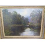 A signed oil on canvas on an angler fishing the River Tweed by H L Robinson in a gilt frame -