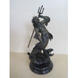 A modern bronze figure of Neptune on a black marble base - 36cm