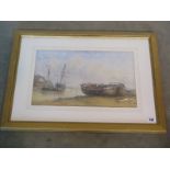 A watercolour harbour scene initialled MWJ in a gilt frame, frame size 51cm x 67cm - in good