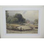 A 19th Century watercolour of a river scene, unsigned, approx 52cm x 62cm, overall,some foxing