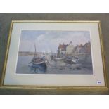 A watercolour of a harbour scene, possibly Wells Next the Sea - signed COX- with a Baron Art label