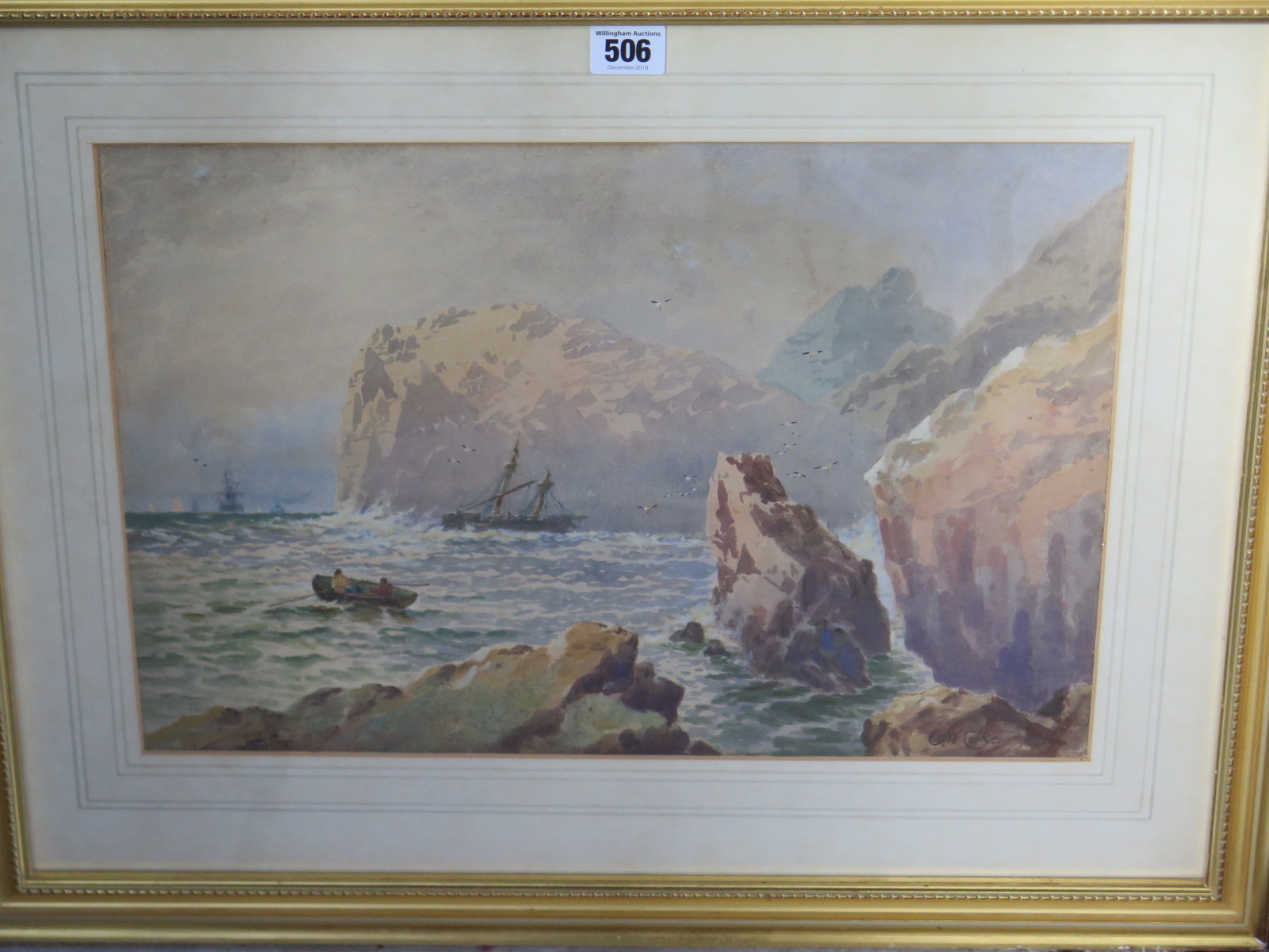 E W Cooke 1811-1880, coastal scene with wreck, watercolour signed lower right with label, verso