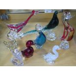 A collection of eight glass birds, including examples by Murano and Whitefriars, largest approx 29cm