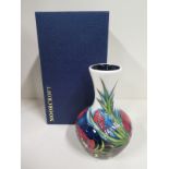 A 2008 Moorcroft Satin Flower pattern vase, approx 18cm H, with original box, some light wear,