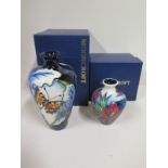 A 2008 Moorcroft Satin Flower pattern small vase, approx 10cm H, together with a 2006 Moorcorft