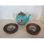 A Pratt ware teapot and two pot lids, Peace and Ning Po River - general crazing to lids, teapot