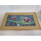 A pair of Cobridge Lilly pattern tiles in a gilt frame, 30cm x 50cm - in good condition