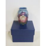 A Moorcroft blue Finches vase, 1990 - 10cm tall, boxed - good condition