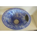 A Victorian blue and white water closet pan, 38cm x 44cm top measurement, chip to rim, crack to