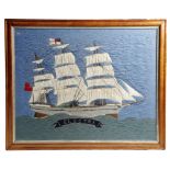 A Victorian sailor's woolwork picture, depicting a three masted ship titled 'ELECTRA', flying two