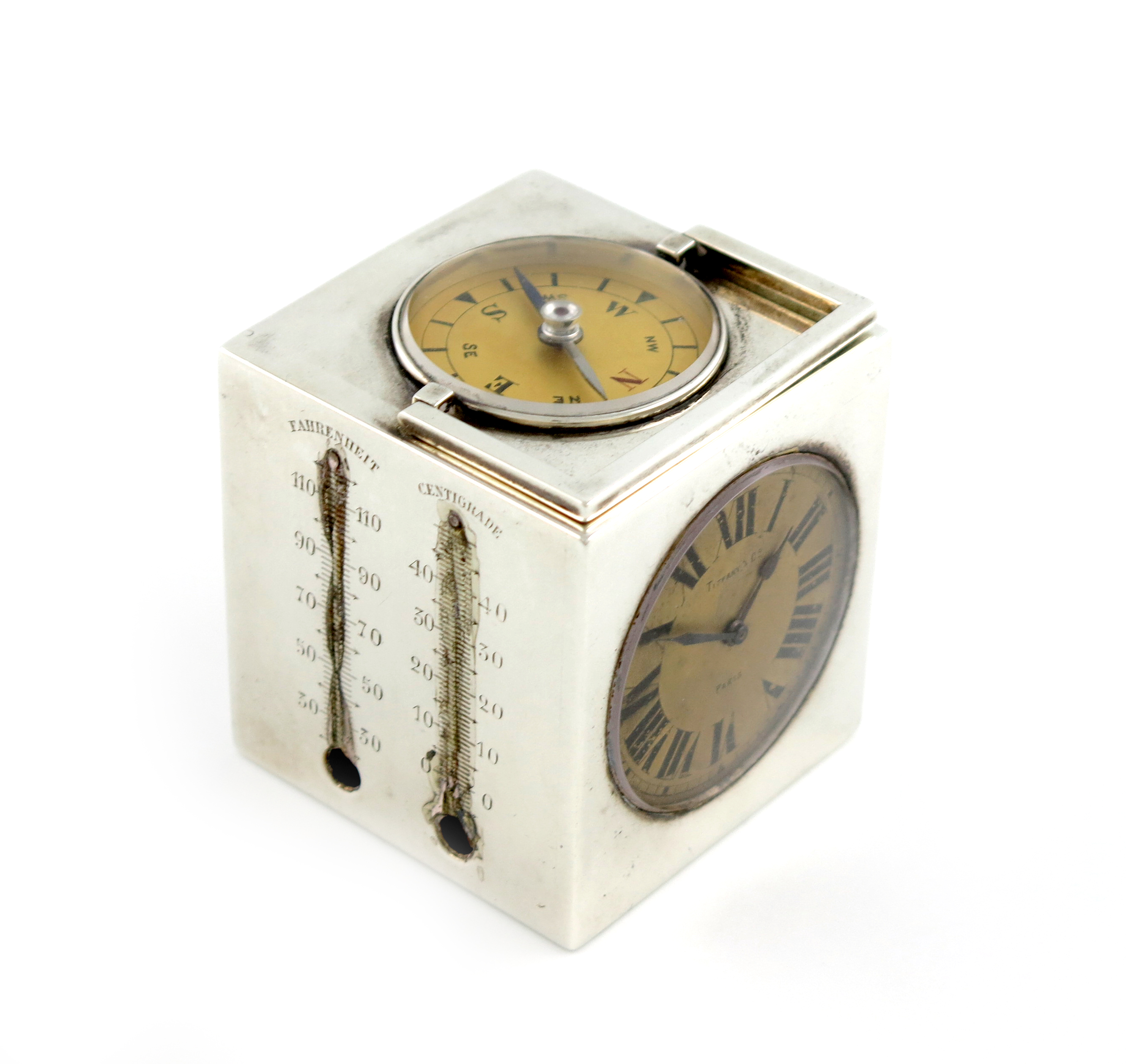 λ A French silver clock compendium, retailed by Tiffany and Co, Paris, circa 1920, cube form, the - Image 2 of 2