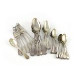 A collection of silver Fiddle and Thread pattern flatware, comprising: a set of six dessert forks,