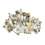 λ A mixed lot of silver flatware, comprising: a set of five 18th century picture-back teaspoons, the