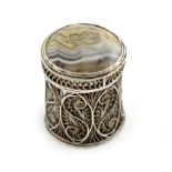 A George III silver filigree counter box, unmarked circa 1800, cylindrical form, the pull-off