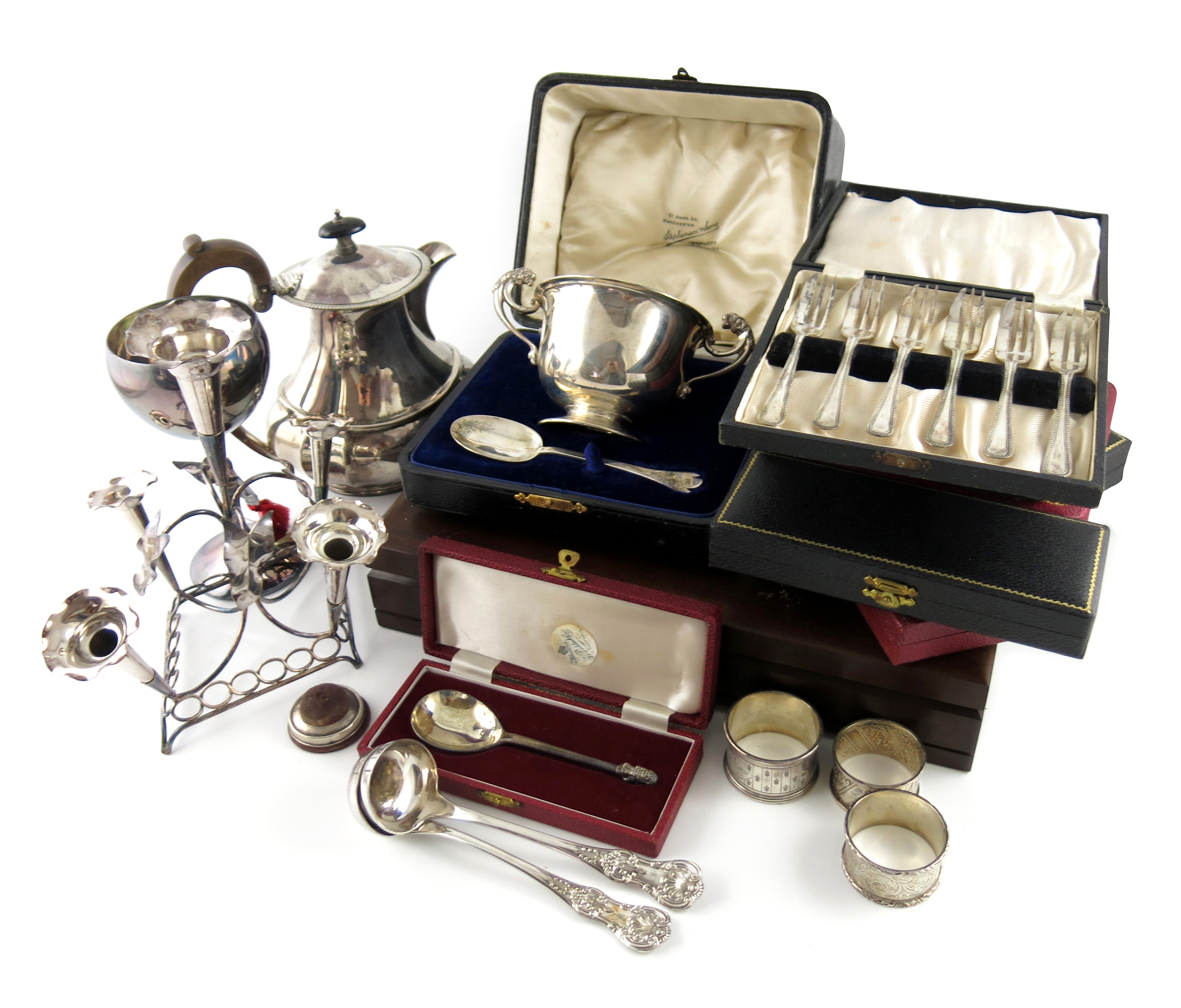 A mixed lot, comprising silver items: a hot water pot, Birmingham 1931, a cased set of twenty-five