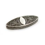 A George III silver filigree toothpick box, unmarked circa 1790-1800, oval navette form, the