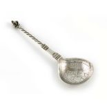 A Norwegian silver spoon, in the 16th century manner, engraved bowl, twisted stem with a cherub