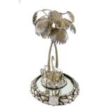 A Victorian electroplated epergne, modelled as two intertwined palm trees on a rocky base, mounted