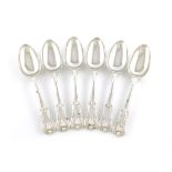 A set of six George IV silver King's Hourglass dessert spoons, by Eley and Fearn, London 1823, the