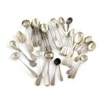 A mixed lot of silver flatware, various dates and makers, comprising: a set of five small Fiddle