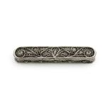 A George III silver filigree toothpick box, unmarked circa 1800, rounded rectangular form, rope-work