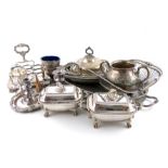A mixed lot of old Sheffield plate and electroplate, comprising: a pair of sauce tureens and covers,