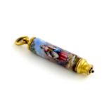 A Victorian gold and enamel telescopic pencil, unmarked, cylindrical form, enamelled with a scene of