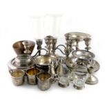 A mixed lot of American silver items, comprising: a pair of candlesticks with glass storm shades,