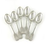 A set of six silver engraved Fiddle pattern dessert spoons, by Charles T Maine, of Jersey, London