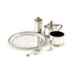 A three-piece Art Deco silver cruet set and a small tray, by E. Barnard, London 1940, the tray by