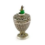 A George III silver filigree bougie box, unmarked circa 1800, urn form, basket weave decoration,