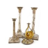 A small mixed lot of old Sheffield plated items, comprising: a pair of candlesticks, circa 1790,