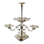 An Edwardian electroplated epergne, by James Dixon and Sons, large central trumpet vase with a