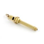 A Victorian novelty gold pencil, by S. Mordan and Co, with a whistle terminal, hinged loop, length