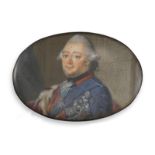 An oval portrait of Frederick the Great, King of Prussia, backed on copper with engraved gold frame,
