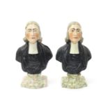 A matched pair of Staffordshire busts of John Wesley, early 20th century, after Enoch Wood, modelled