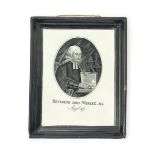 A good pearlware plaque of John Wesley, c.1800, the rectangular form printed with an oval portrait