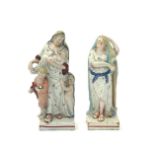 Two Staffordshire figures of Hope and Charity, c.1800-10, both modelled as Classical maidens, the