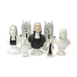 Three busts of John Wesley, 19th century, two pearlware and one Parian, raised on circular socles,