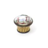 An English enamel patch box, c.1770-80, the circular lid painted with a solitary figure standing
