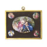 A framed group of Continental enamel plaques, 19th century, the central oval plaque well painted