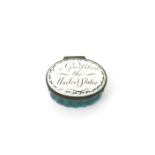 A rare English enamel patch box of American interest, c.1770-80, probably Bilston. the oval form
