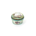 An English enamel small snuff box, c.1770-80, the oval lid painted with a figure leading a horse and